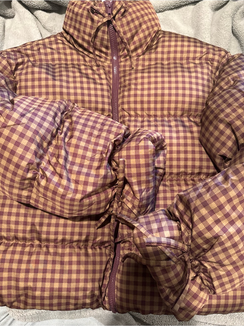 Plaid Puffer Jacket in Burgundy and Mustard